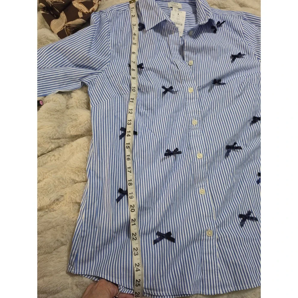 J.Crew Blue White Striped Bow Applique Cotton Blend Button Down Shirt CP808 S